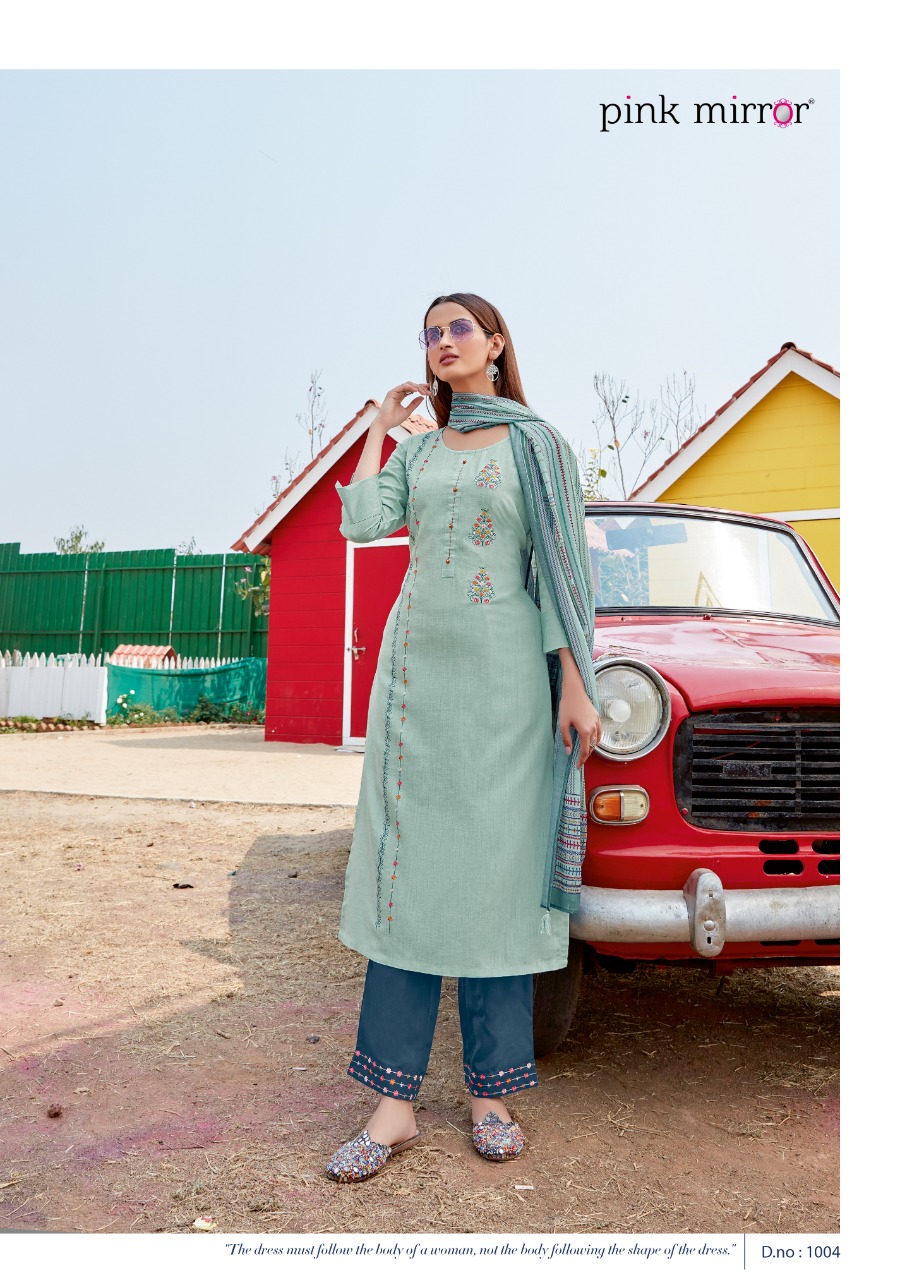 pink mirror dream viscose innovative style kurti with pant and dupatta catalog