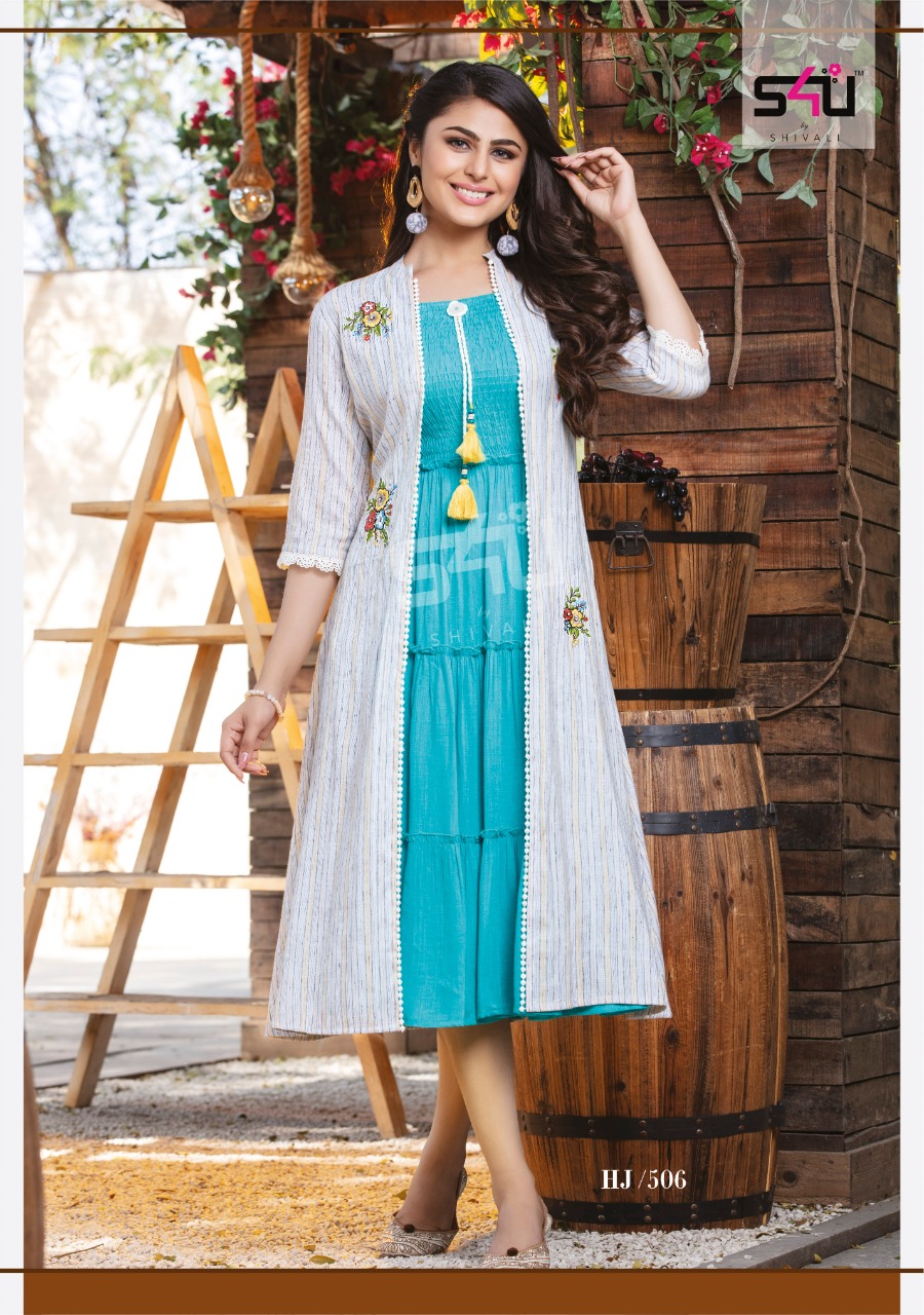 s4u hello jacket vol 5 rayon new and mordern style gown style kurti with jacket catalog