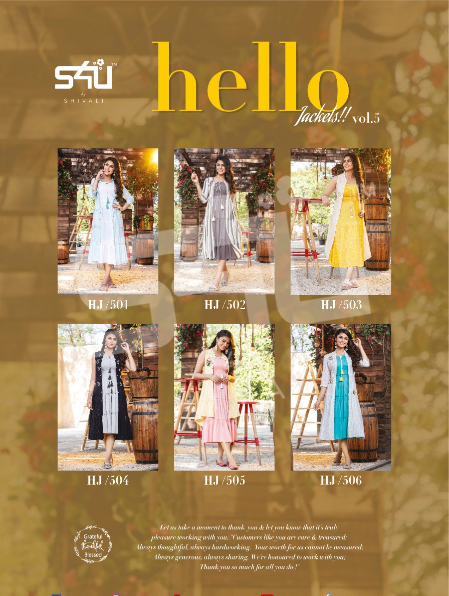 s4u hello jacket vol 5 rayon new and mordern style gown style kurti with jacket catalog