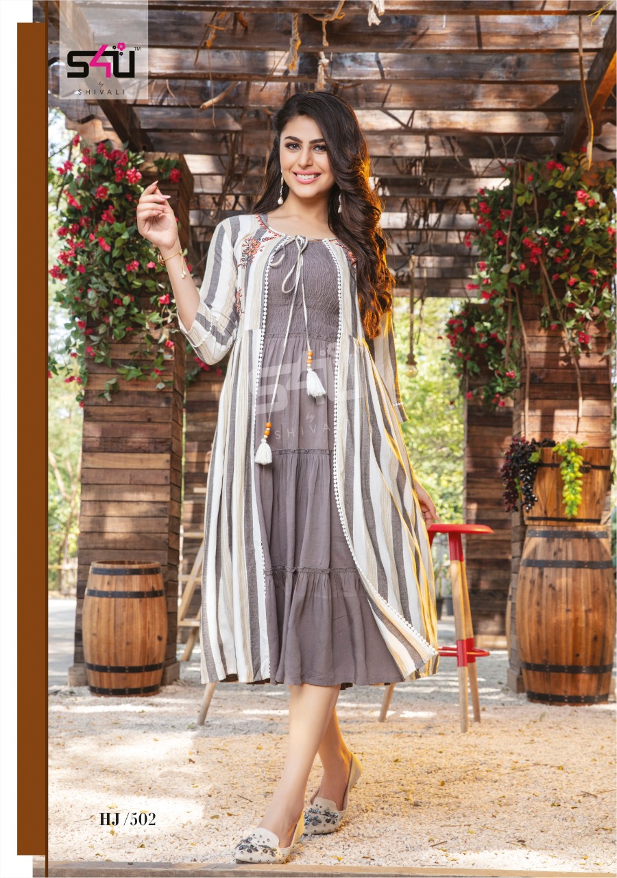 s4u hello jacket vol 5 rayon new and mordern style gown style kurti with jacket catalog