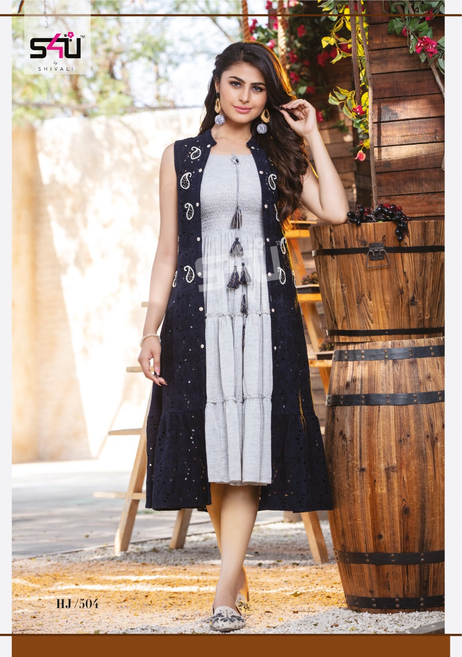 s4u hello jacket vol 5 rayon new and mordern style gown style kurti with jacket catalog