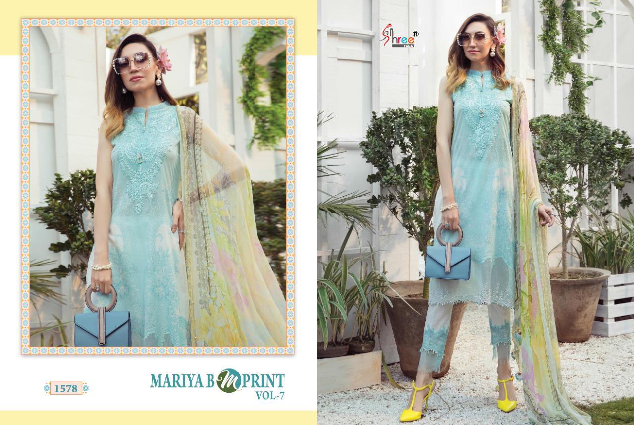 shree fab maria b m print vol 7 pure cambric lawn exclusive colours and print cotton dupatta salwar suit catalog