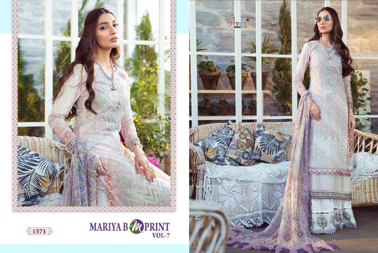 shree fab maria b m print vol 7 pure cambric lawn exclusive colours and print cotton dupatta salwar suit catalog