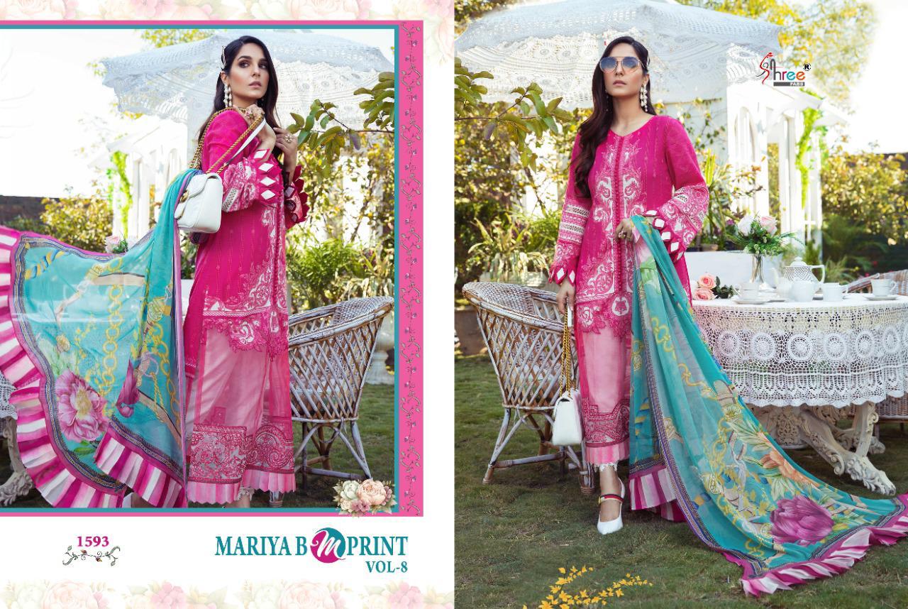 shree fab mariya b m print vol 8 pure cambric lawn attrective colours and print siffon dupatta salwar suit catalog