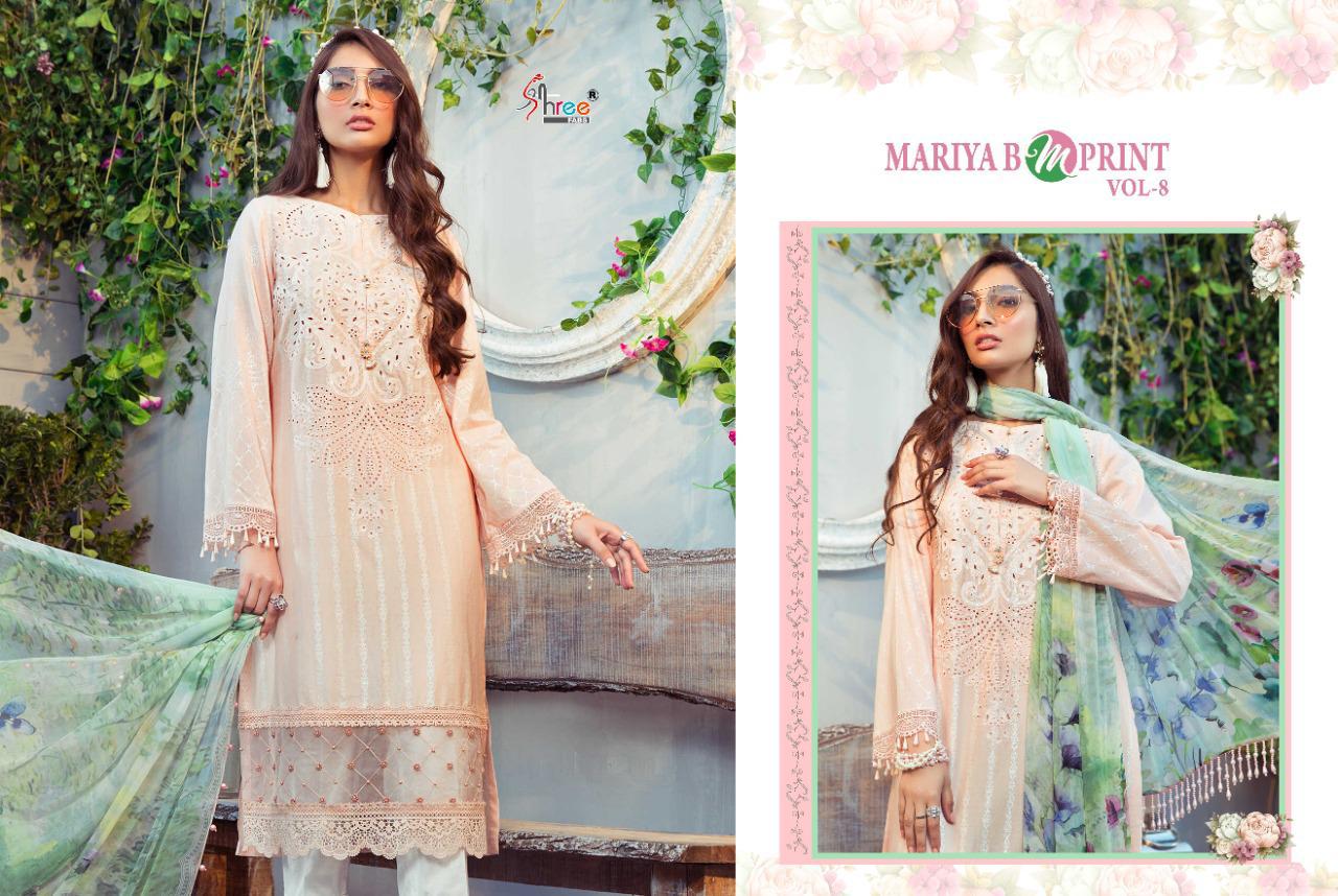 shree fab mariya b m print vol 8 pure cambric lawn attrective colours and print siffon dupatta salwar suit catalog