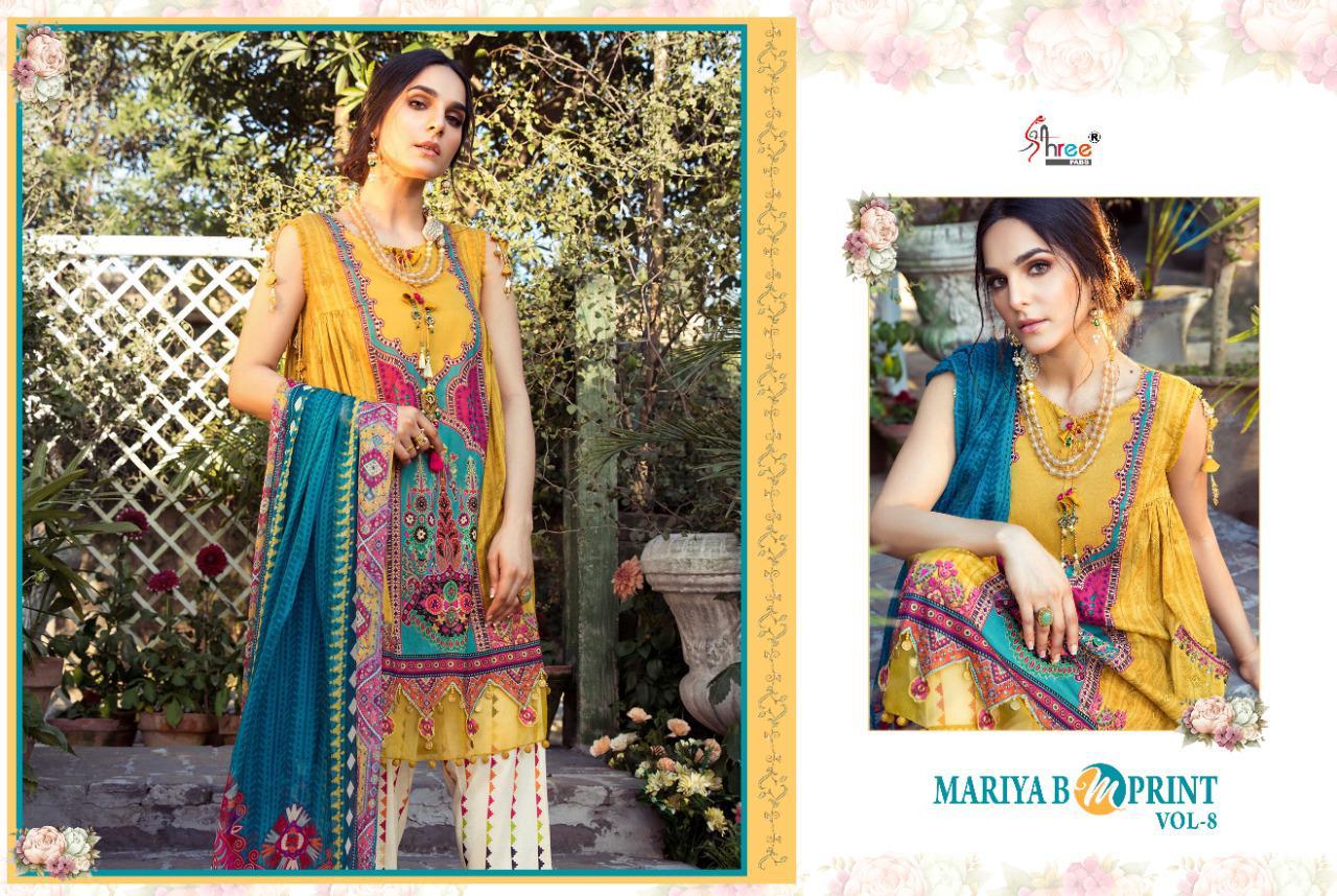 shree fab mariya b m print vol 8 pure cambric lawn attrective colours and print siffon dupatta salwar suit catalog