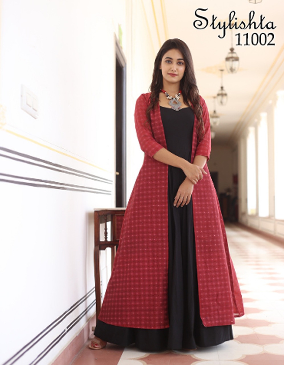 stylishta vol 11 maslin decent look gown with jacket catalog