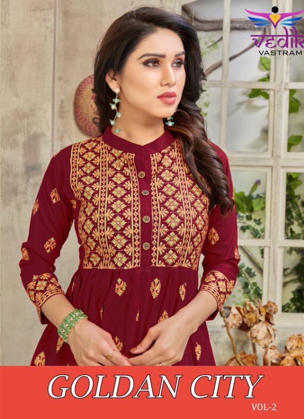 vedik vastram golden city vol 2 rayon new and modern style long gown style kurti catalog