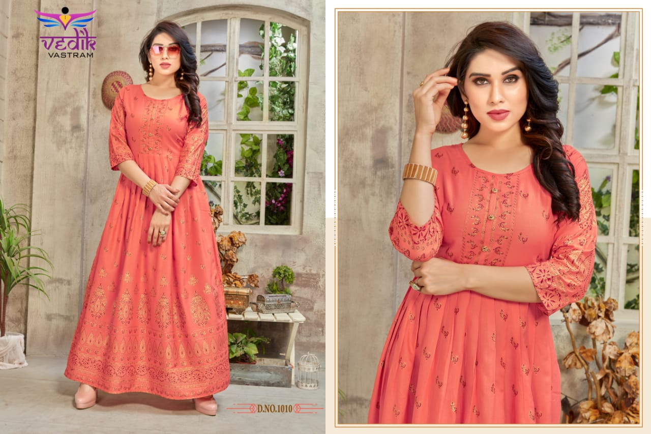 vedik vastram golden city vol 2 rayon new and modern style long gown style kurti catalog