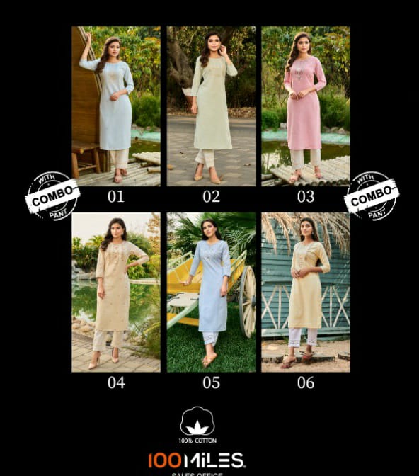 100 miles aurora cotton elegant kurti with combo pant catalog