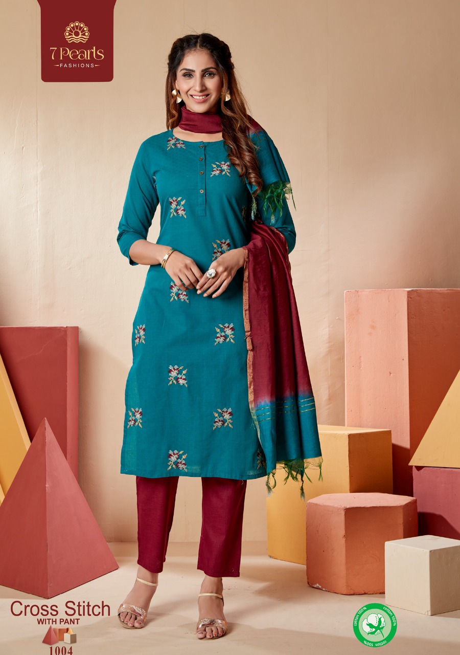 7 pearls cross stitch cotton gorgeous look kurti with pant and dupatta catalog