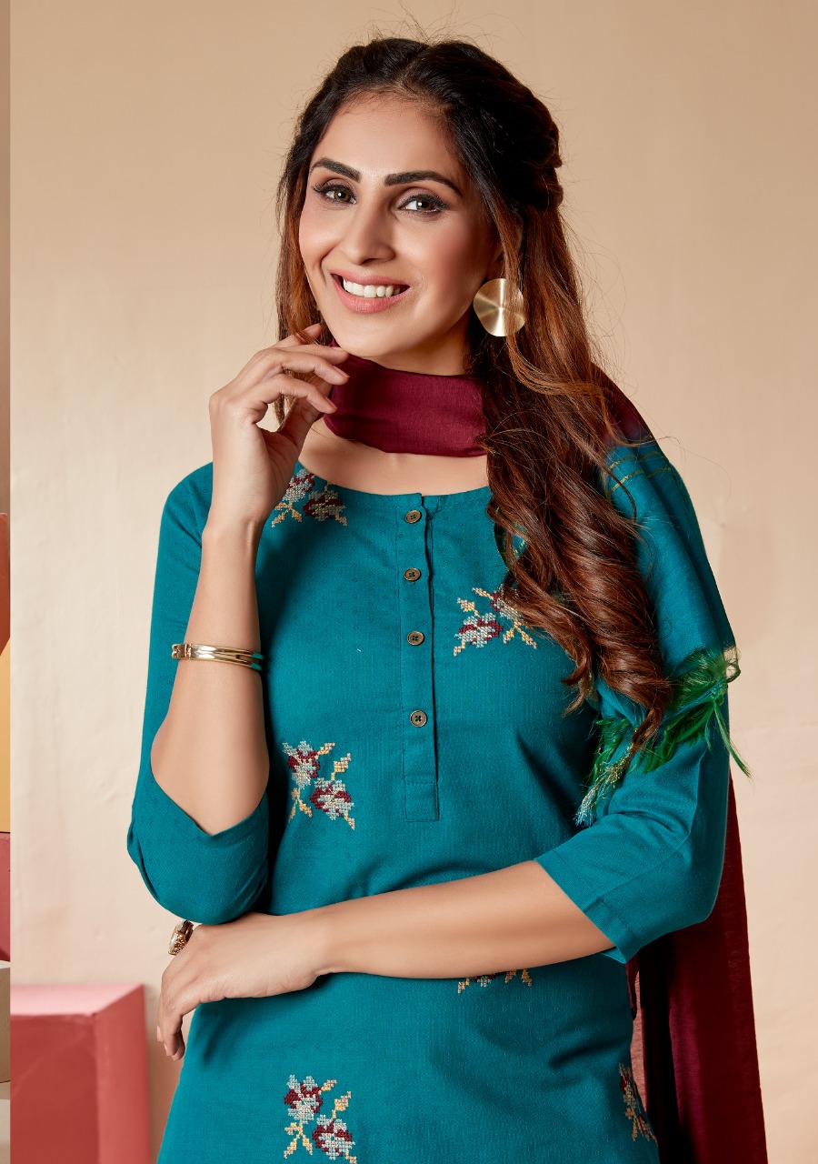 7 pearls cross stitch cotton gorgeous look kurti with pant and dupatta catalog