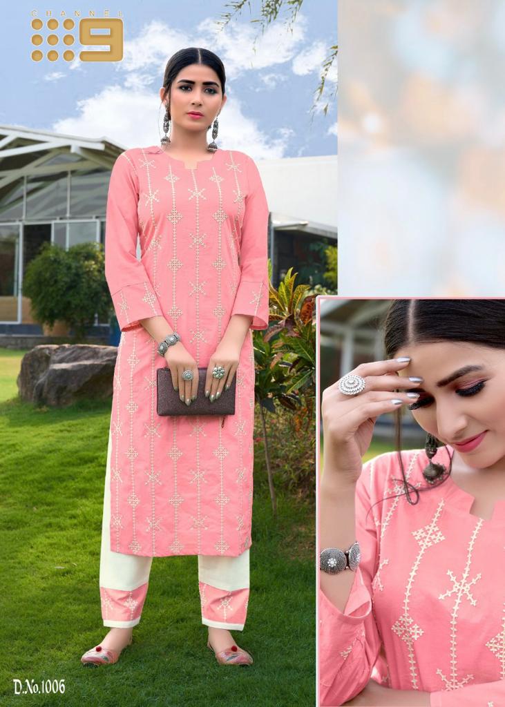 channel 9 shaleen rayon decent colours kurti with pant catalog