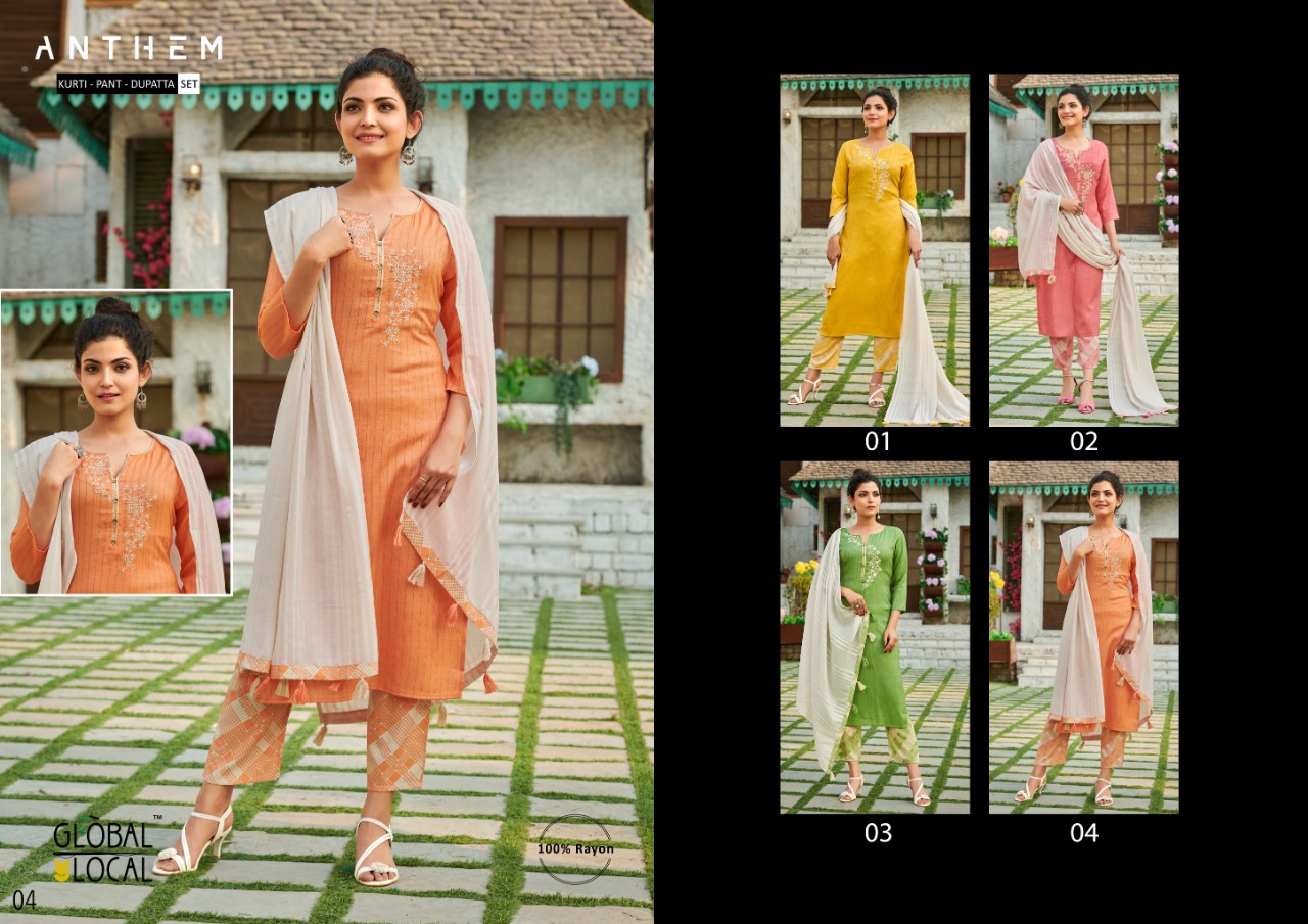 global local anthem rayon elegant kurti with pant and dupatta catalog