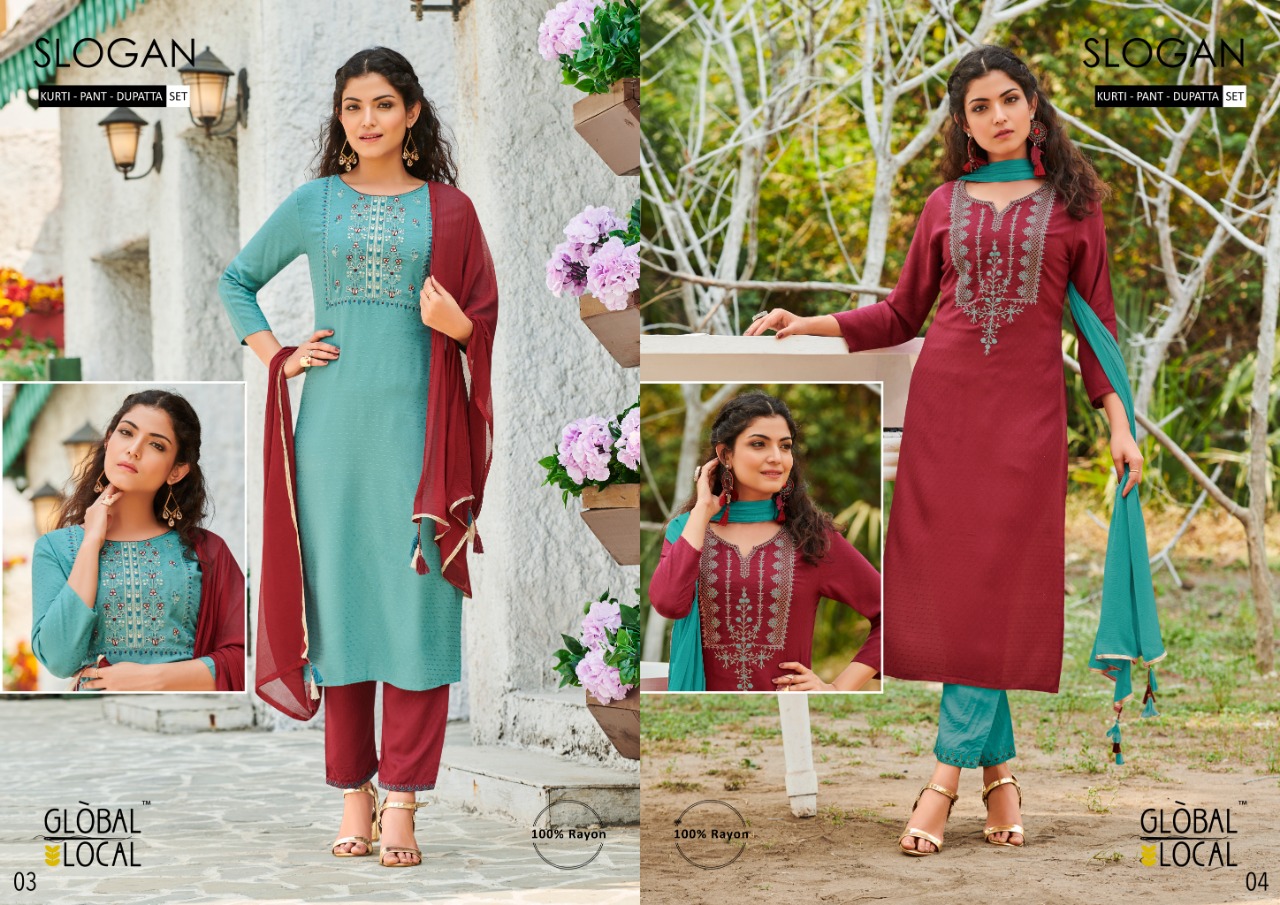 global local slogan rayon elegant kurti with pant and dupatta catalog