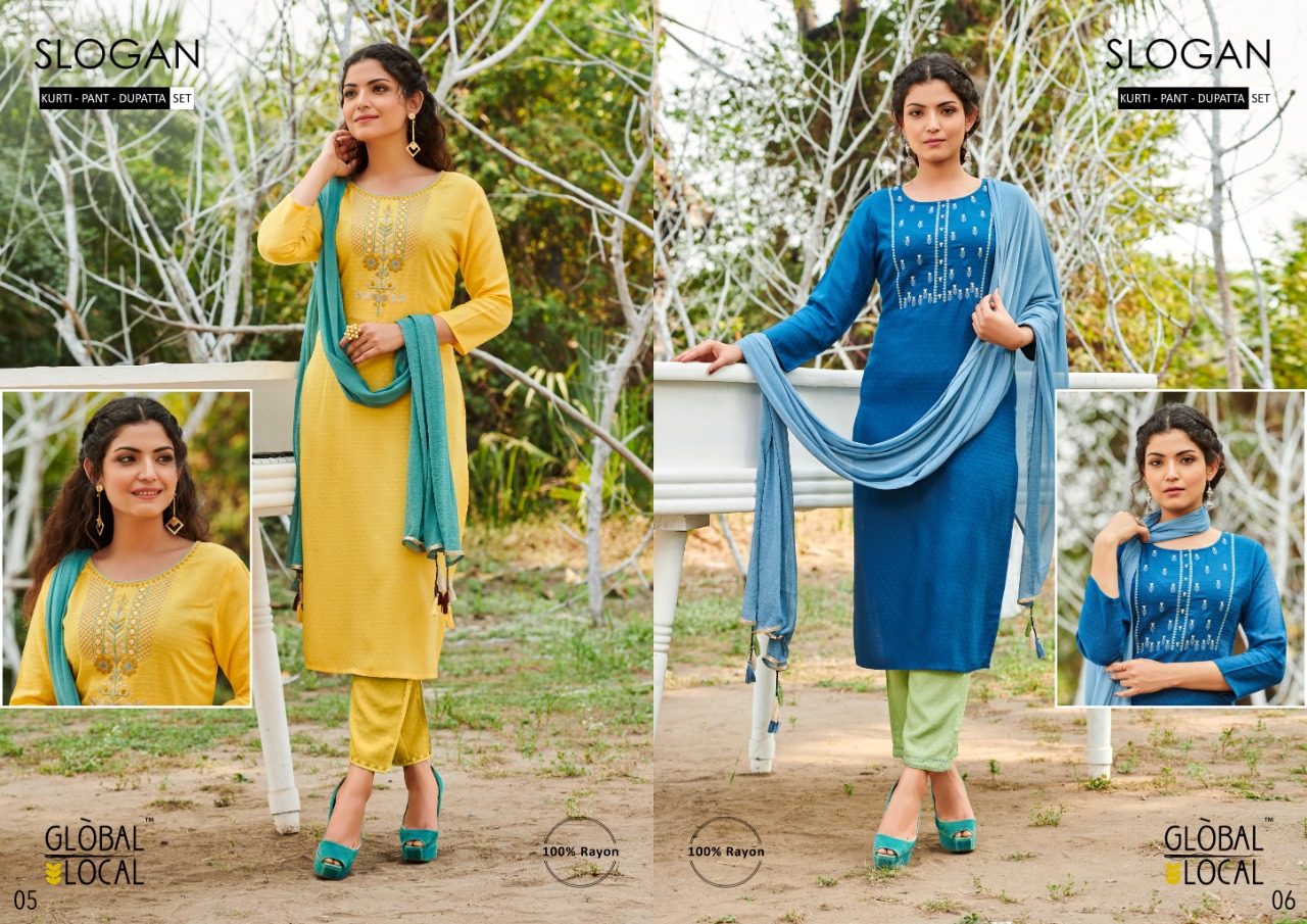 global local slogan rayon elegant kurti with pant and dupatta catalog