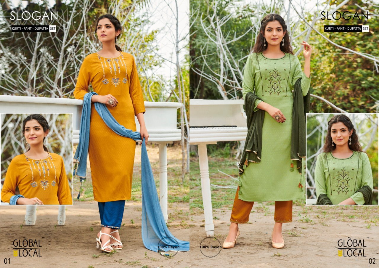 global local slogan rayon elegant kurti with pant and dupatta catalog