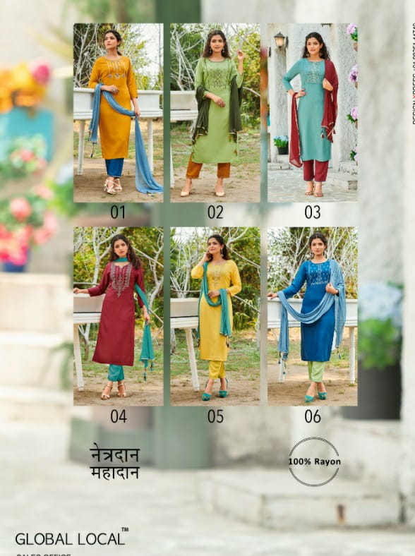 global local slogan rayon elegant kurti with pant and dupatta catalog