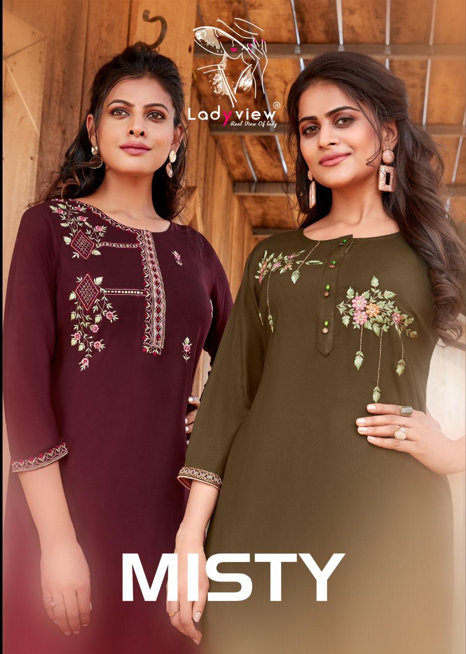 ladyview misty rayon decent embroidary look kurti with bottom catalog