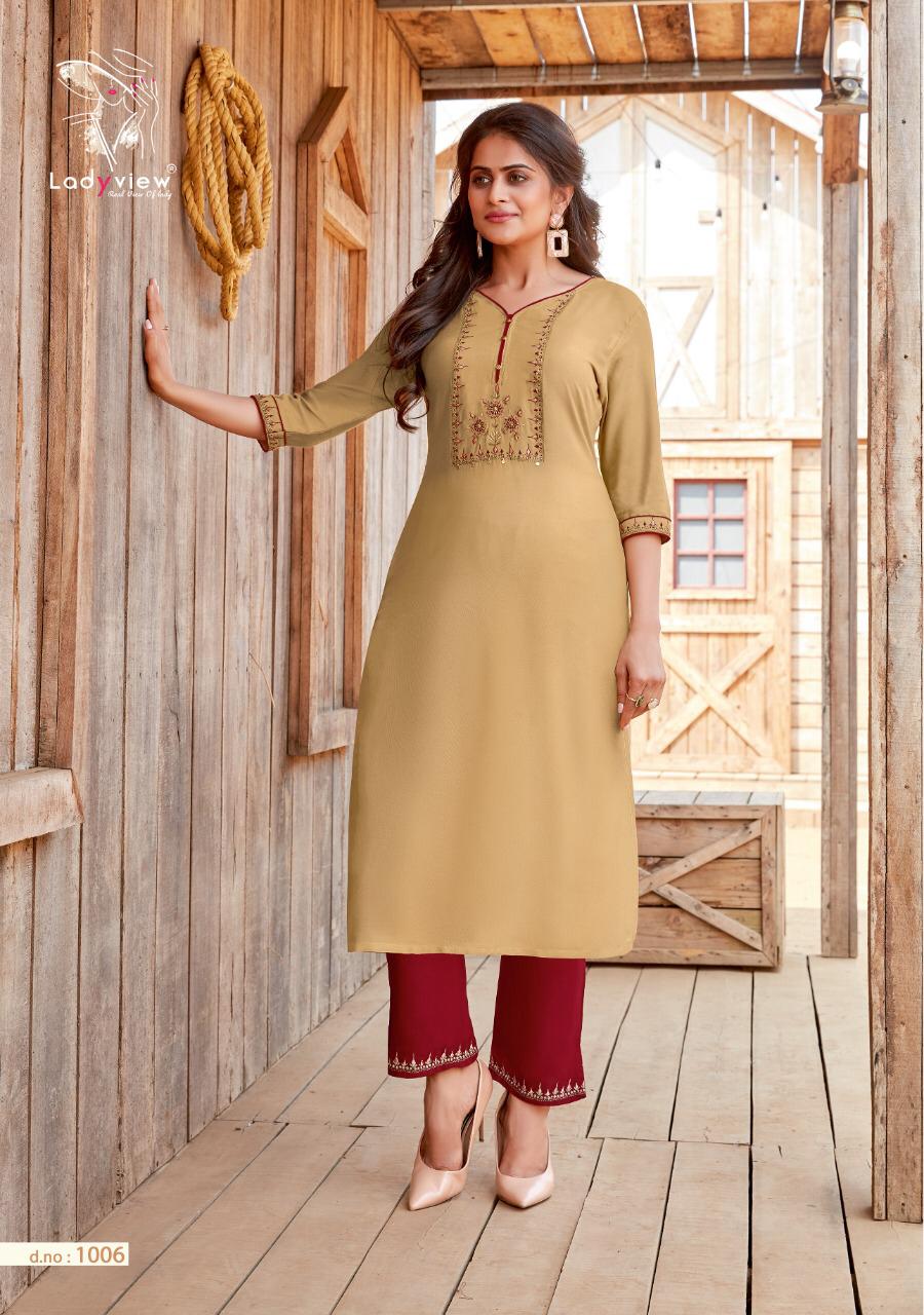 ladyview misty rayon decent embroidary look kurti with bottom catalog