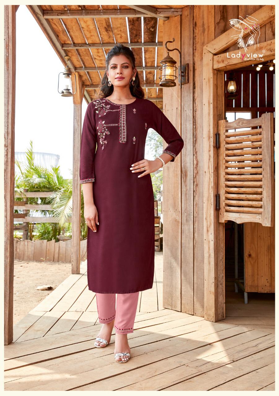 ladyview misty rayon decent embroidary look kurti with bottom catalog