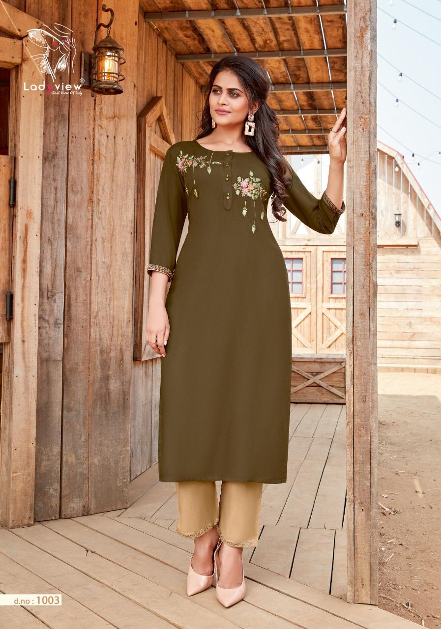 ladyview misty rayon decent embroidary look kurti with bottom catalog