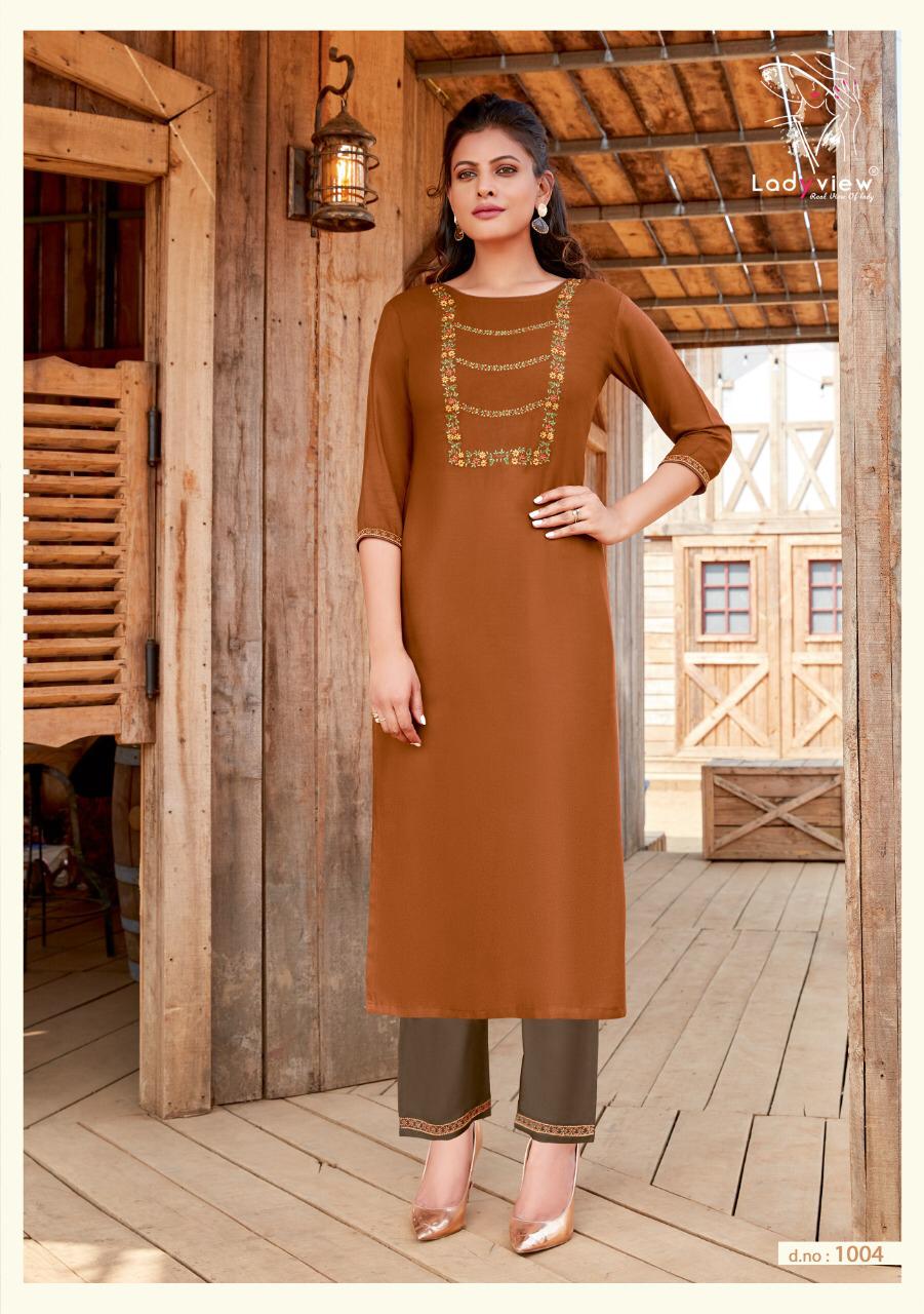 ladyview misty rayon decent embroidary look kurti with bottom catalog