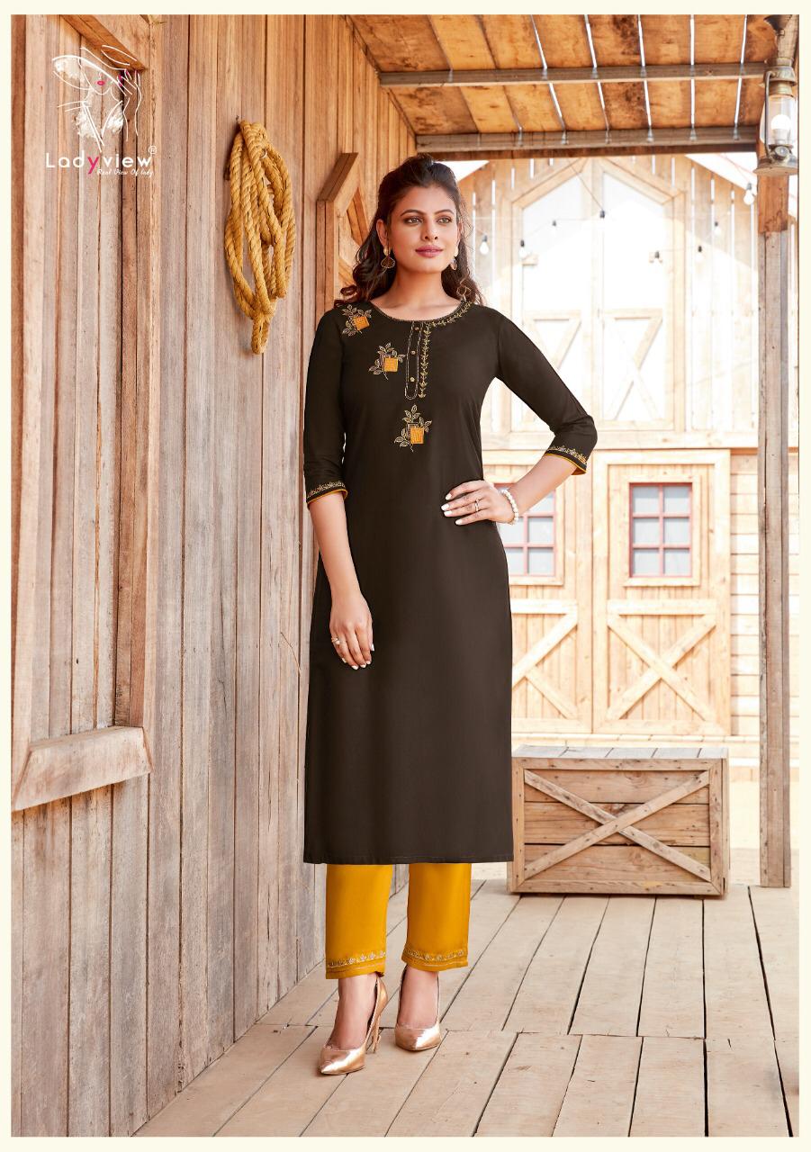 ladyview misty rayon decent embroidary look kurti with bottom catalog