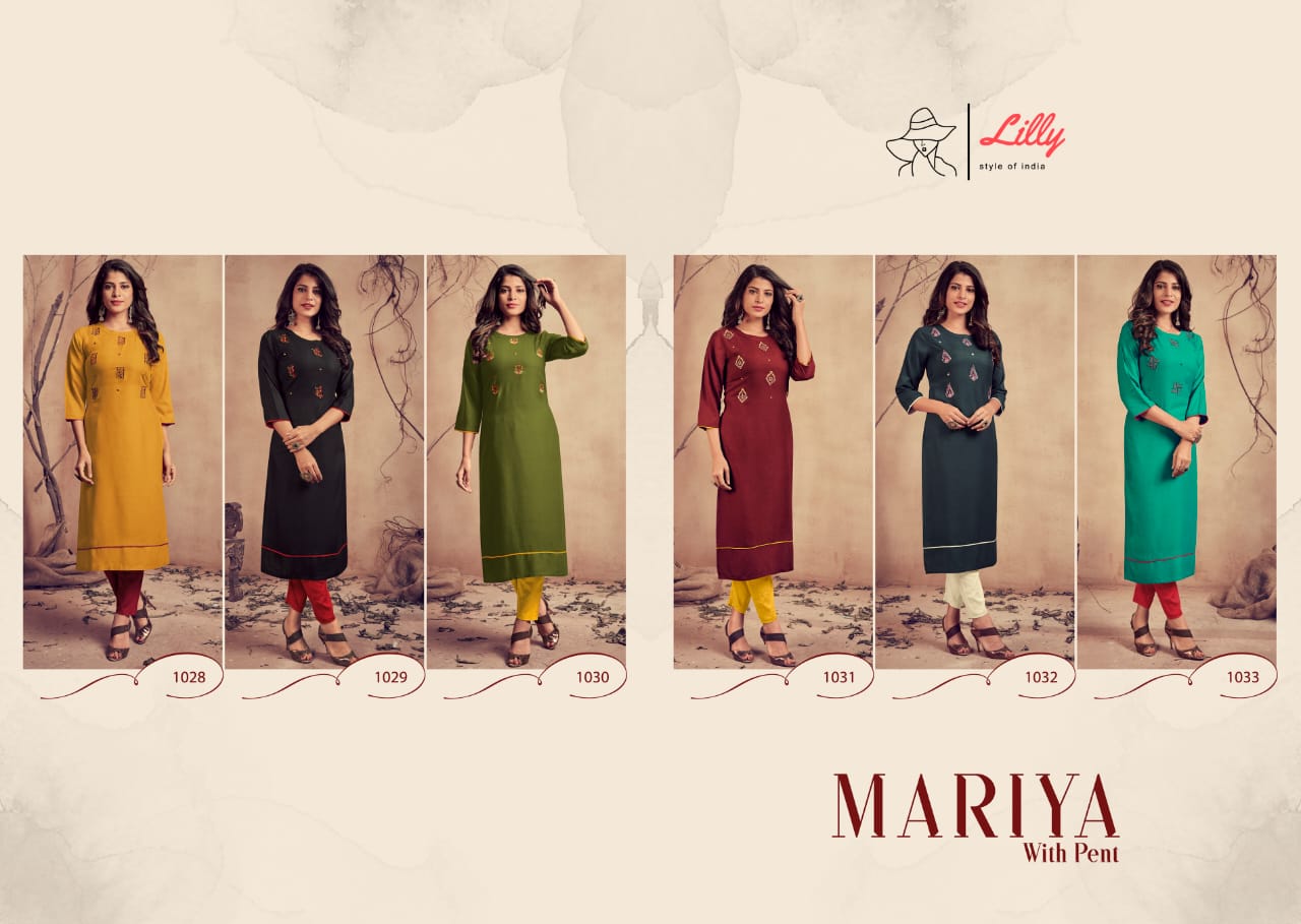 lilly style of india mariya with pent  rayon catchy look kurti with pent catalog