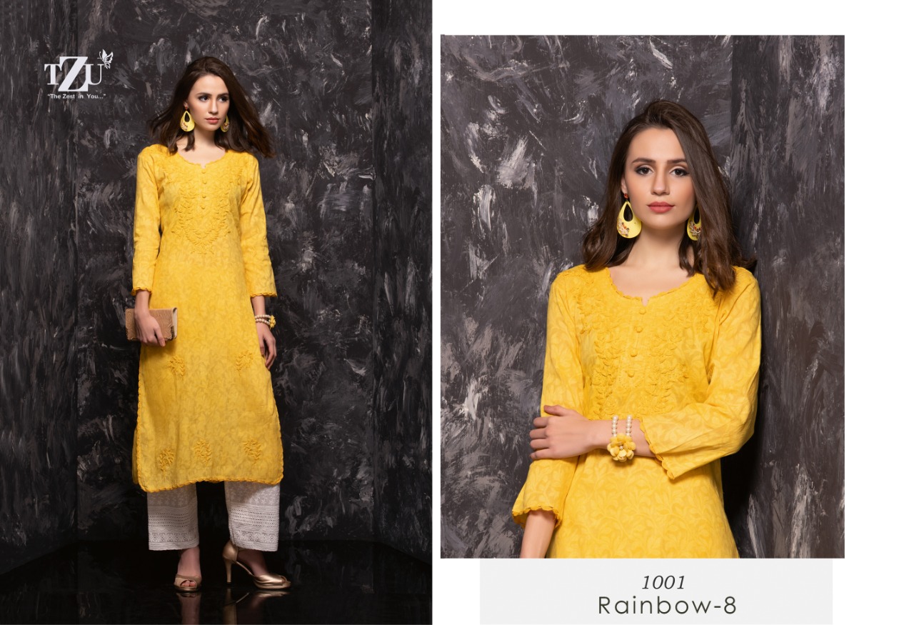 tzu rainbow 8 cotton decent look kurti with plazzo catalog