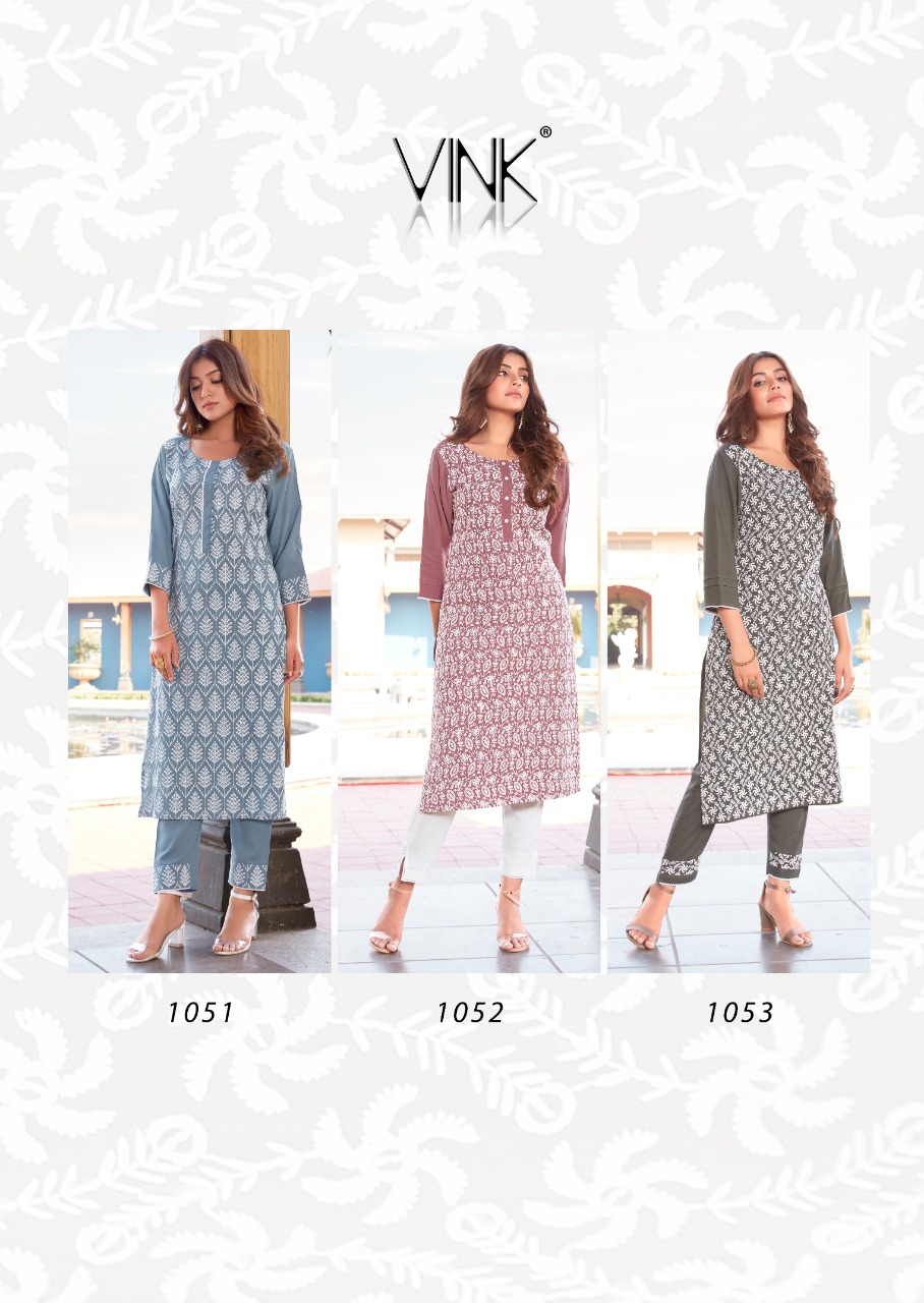 vink lucknowi vol 5 rayon attrective lucknowi work kurta with pant catalog