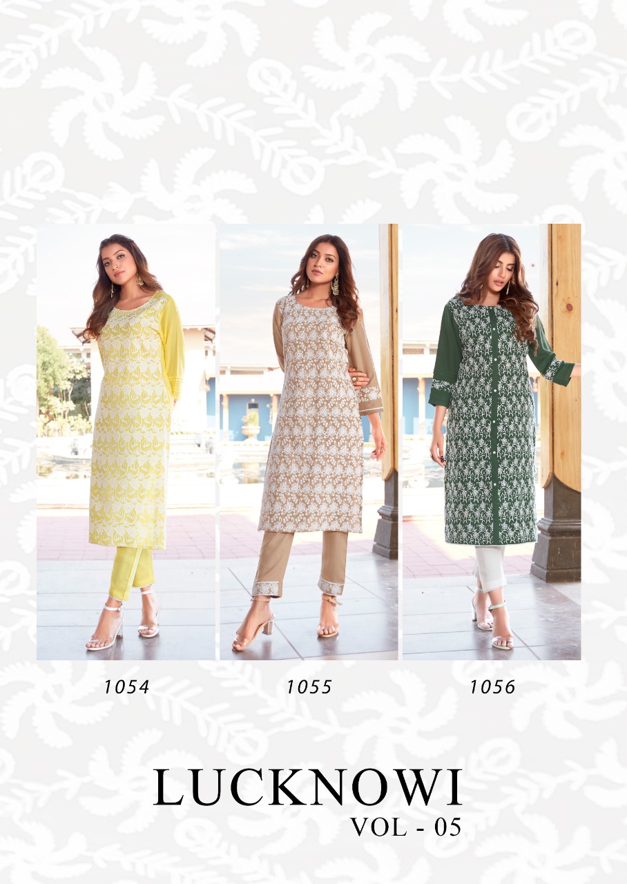 vink lucknowi vol 5 rayon attrective lucknowi work kurta with pant catalog