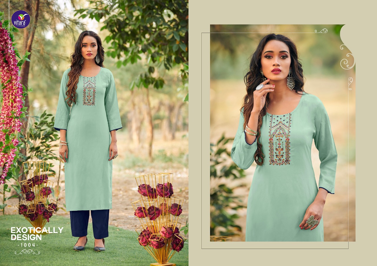 vitara fashion eliana rayon elegant kurti with pant catalog