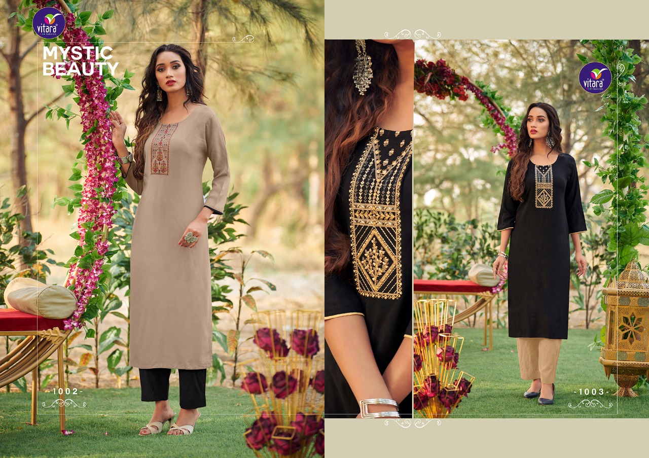 vitara fashion eliana rayon elegant kurti with pant catalog