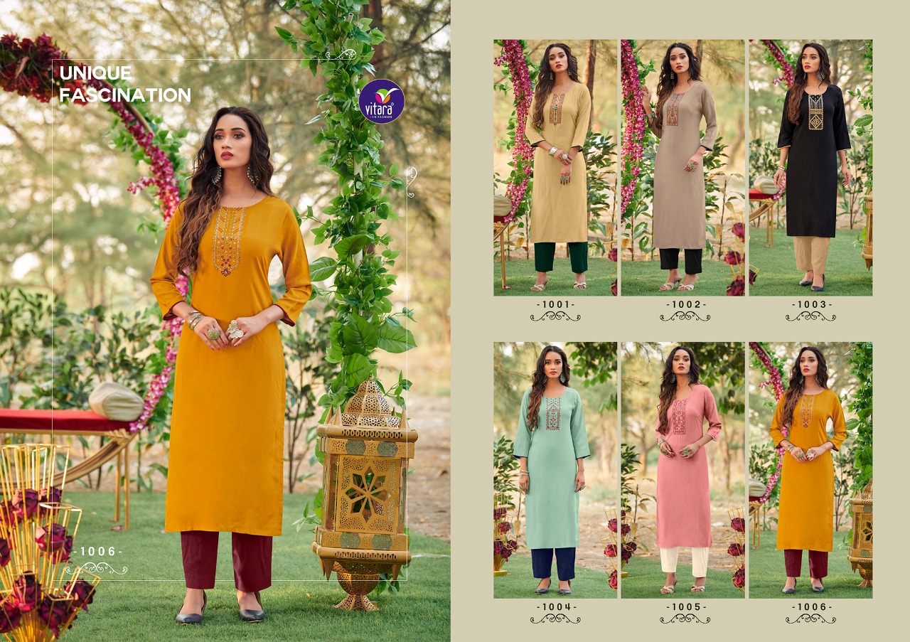 vitara fashion eliana rayon elegant kurti with pant catalog