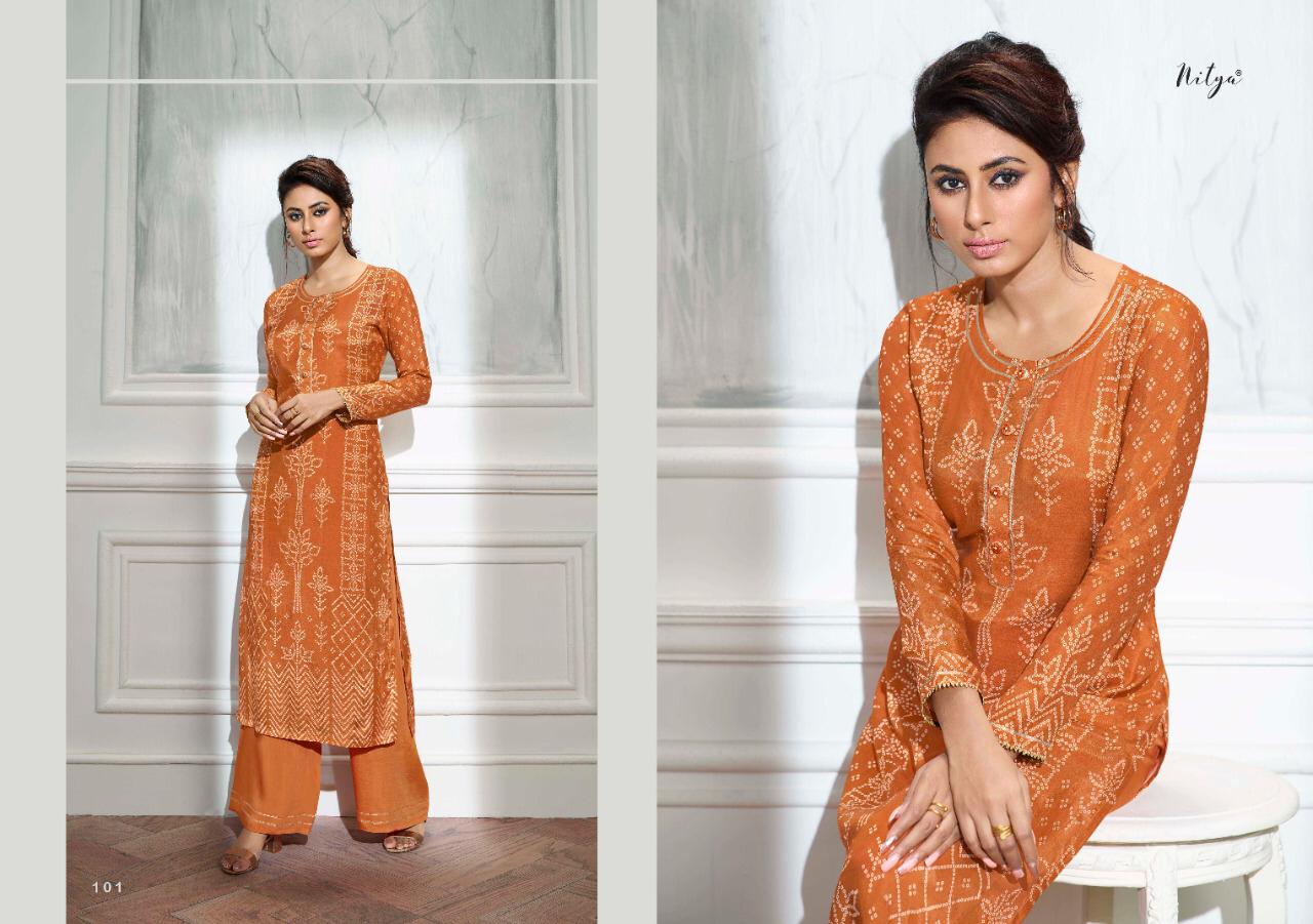 lt nitya bandhni viscose regal look kurti with pant catalog