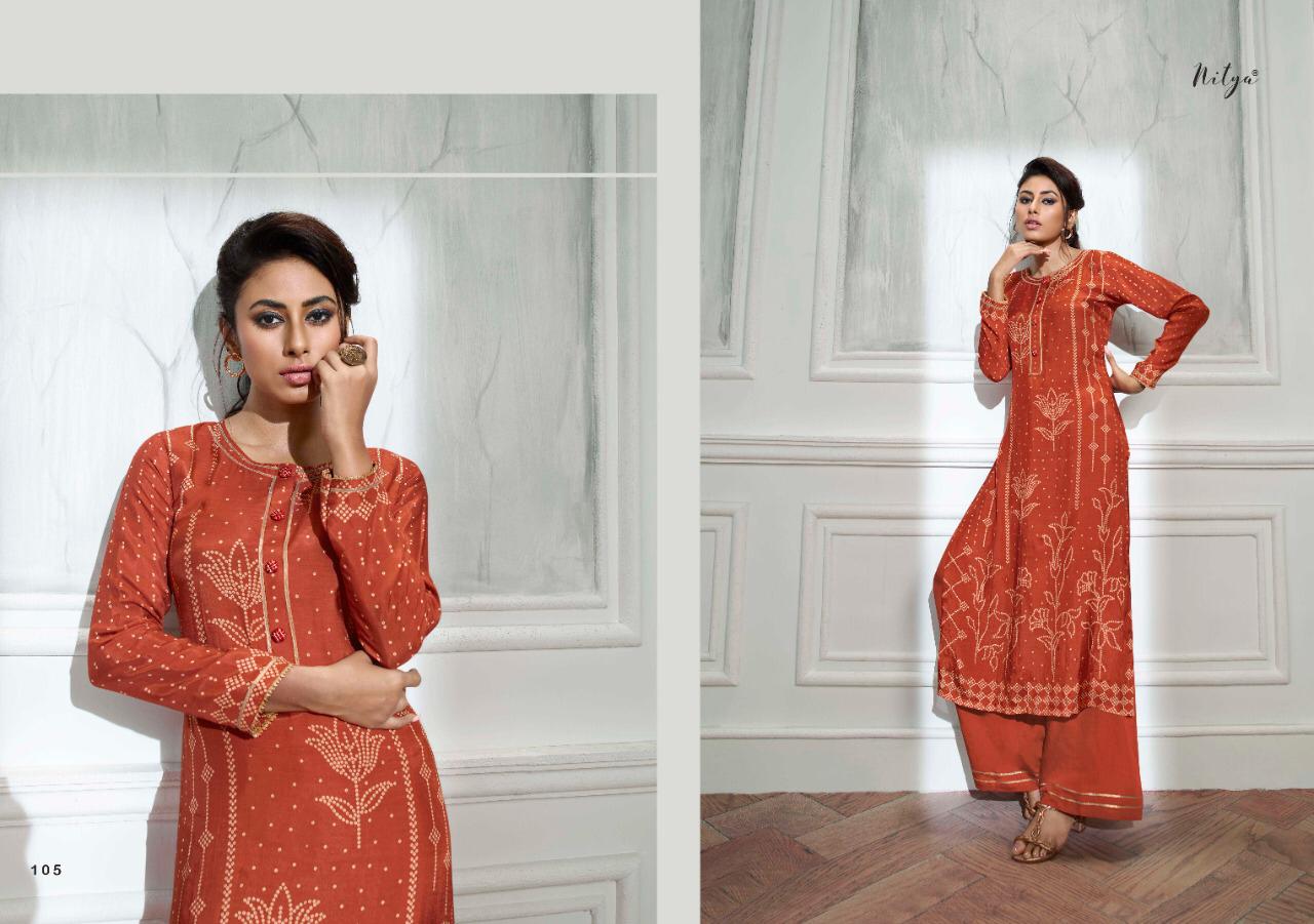 lt nitya bandhni viscose regal look kurti with pant catalog