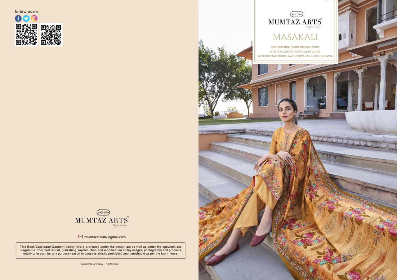 mumtaz arts masakali aari work jam satin exclusive print and colours salwar suit catalog