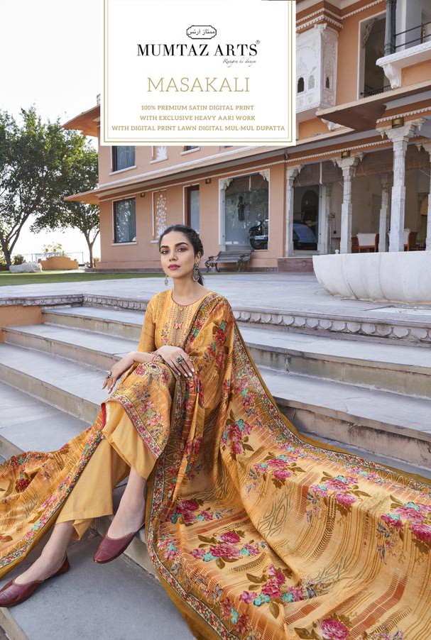 mumtaz arts masakali aari work jam satin exclusive print and colours salwar suit catalog