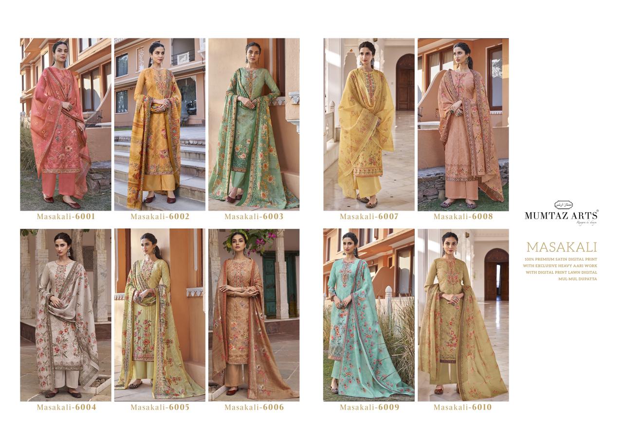 mumtaz arts masakali aari work jam satin exclusive print and colours salwar suit catalog