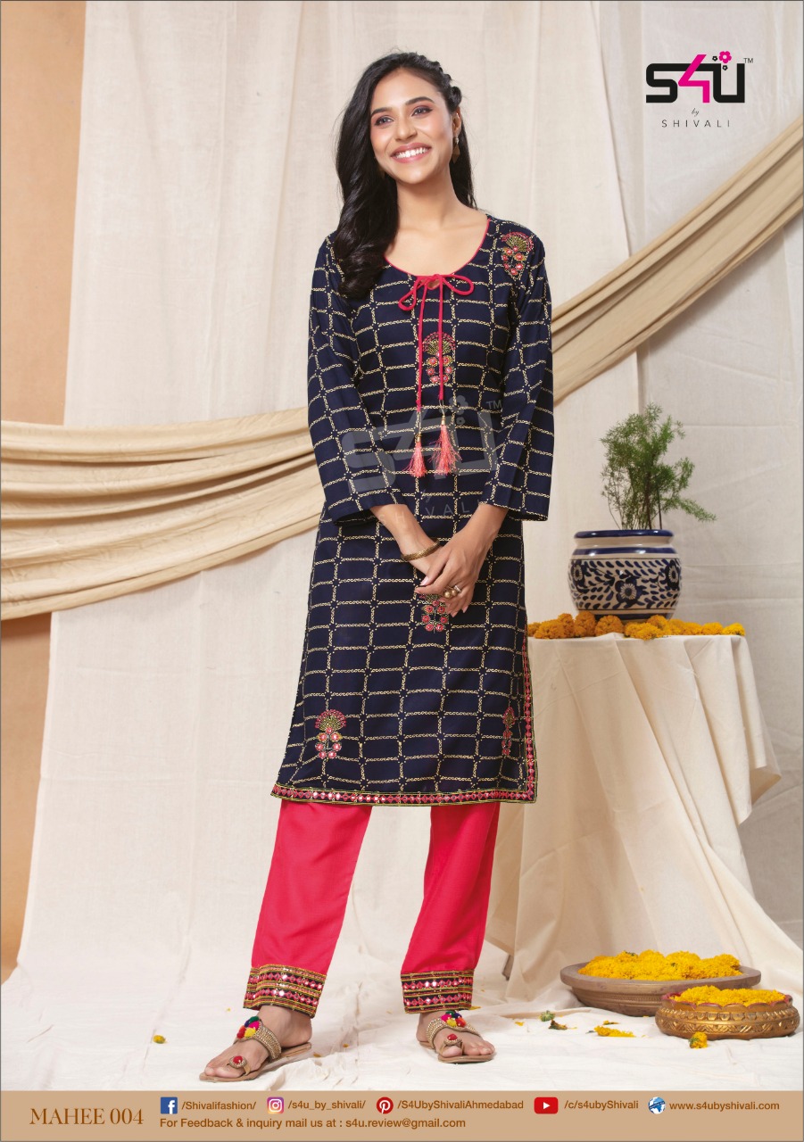 s4u mahee rayon catchy look kurti with pant catalog