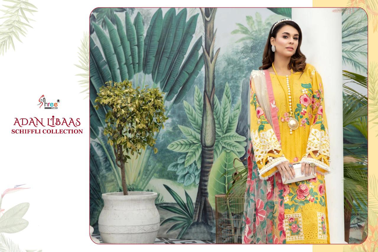 shree fab adan libaas schiffli collection cotton decent embroidary look salwar suit catalog