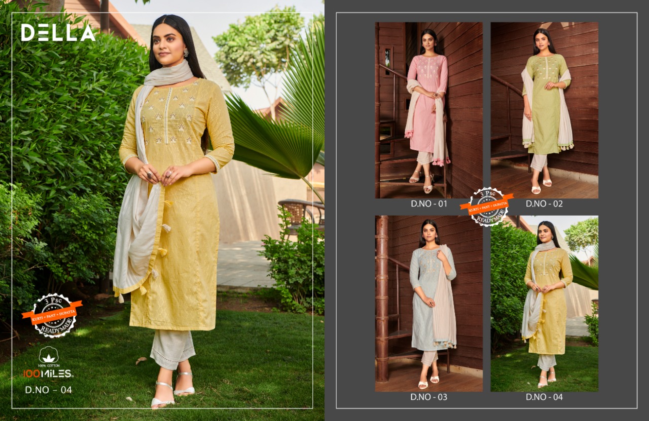 100 miiles della cotton authentic fabric kurti with pant and dupatta catalog