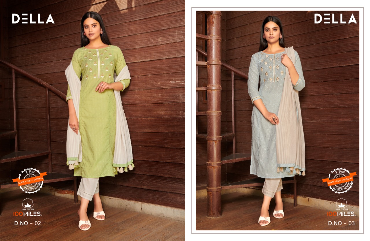 100 miiles della cotton authentic fabric kurti with pant and dupatta catalog