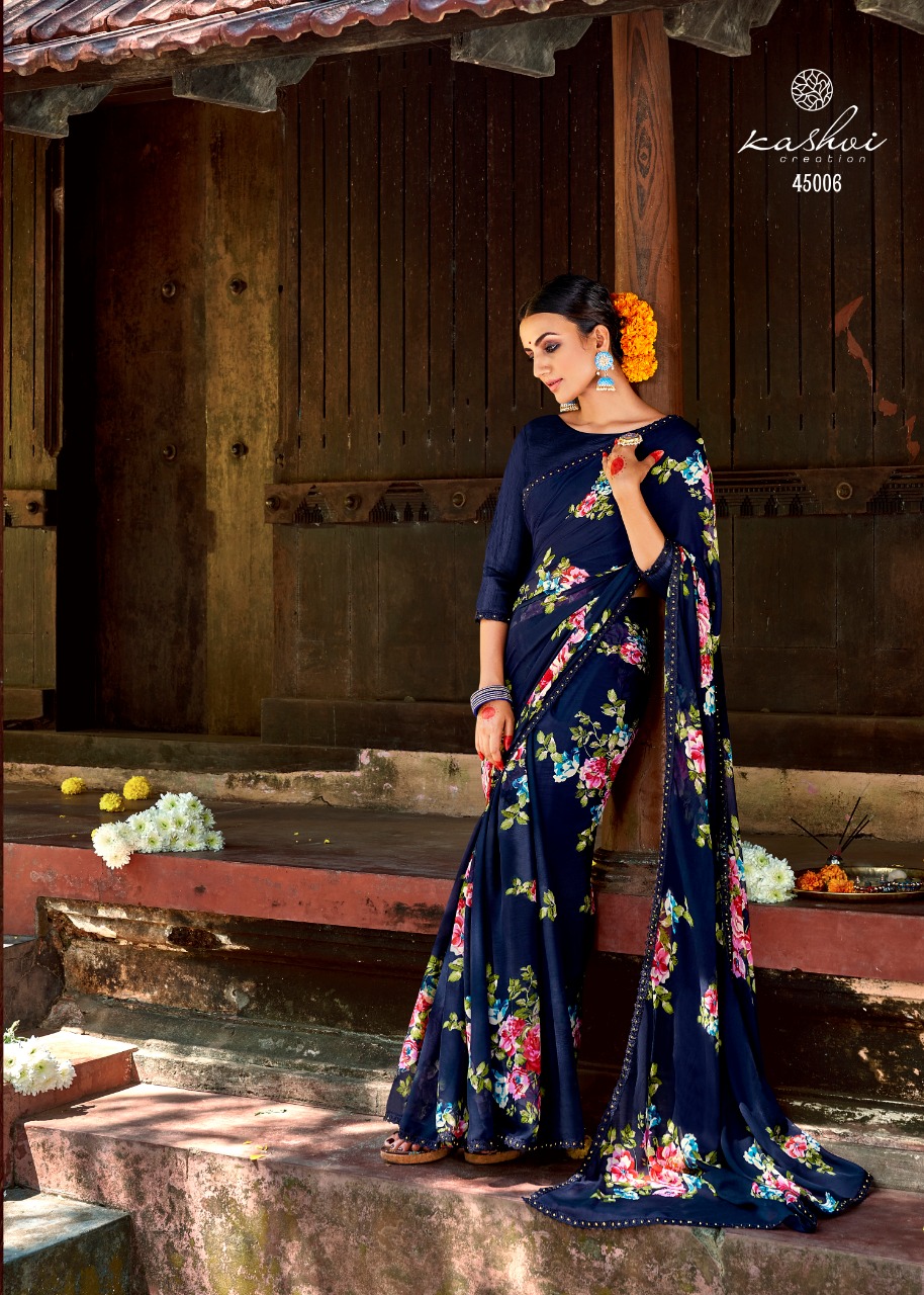 lt kashvi creation nirali shiffon flower print gorgeous look saree catalog