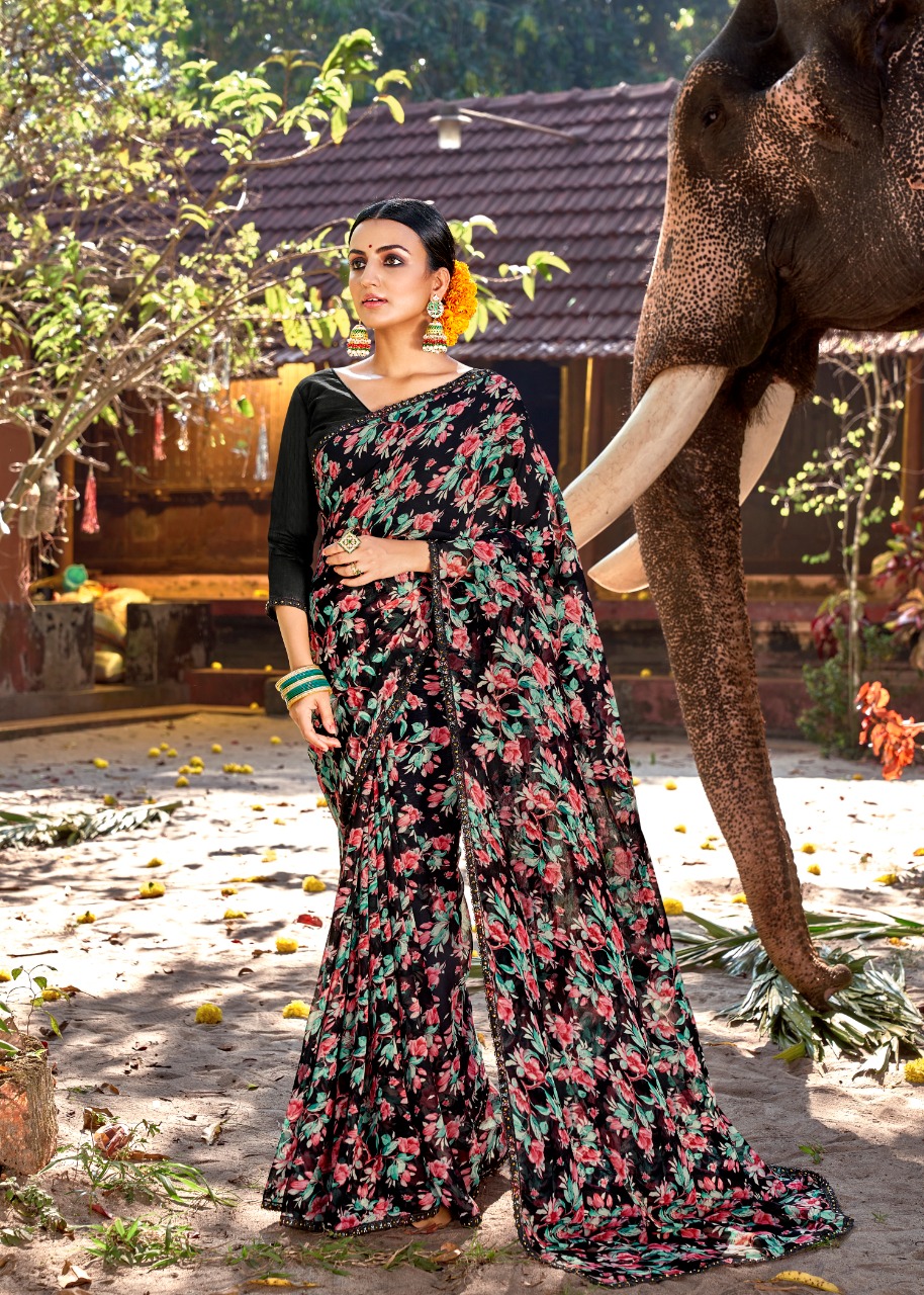 lt kashvi creation nirali shiffon flower print gorgeous look saree catalog