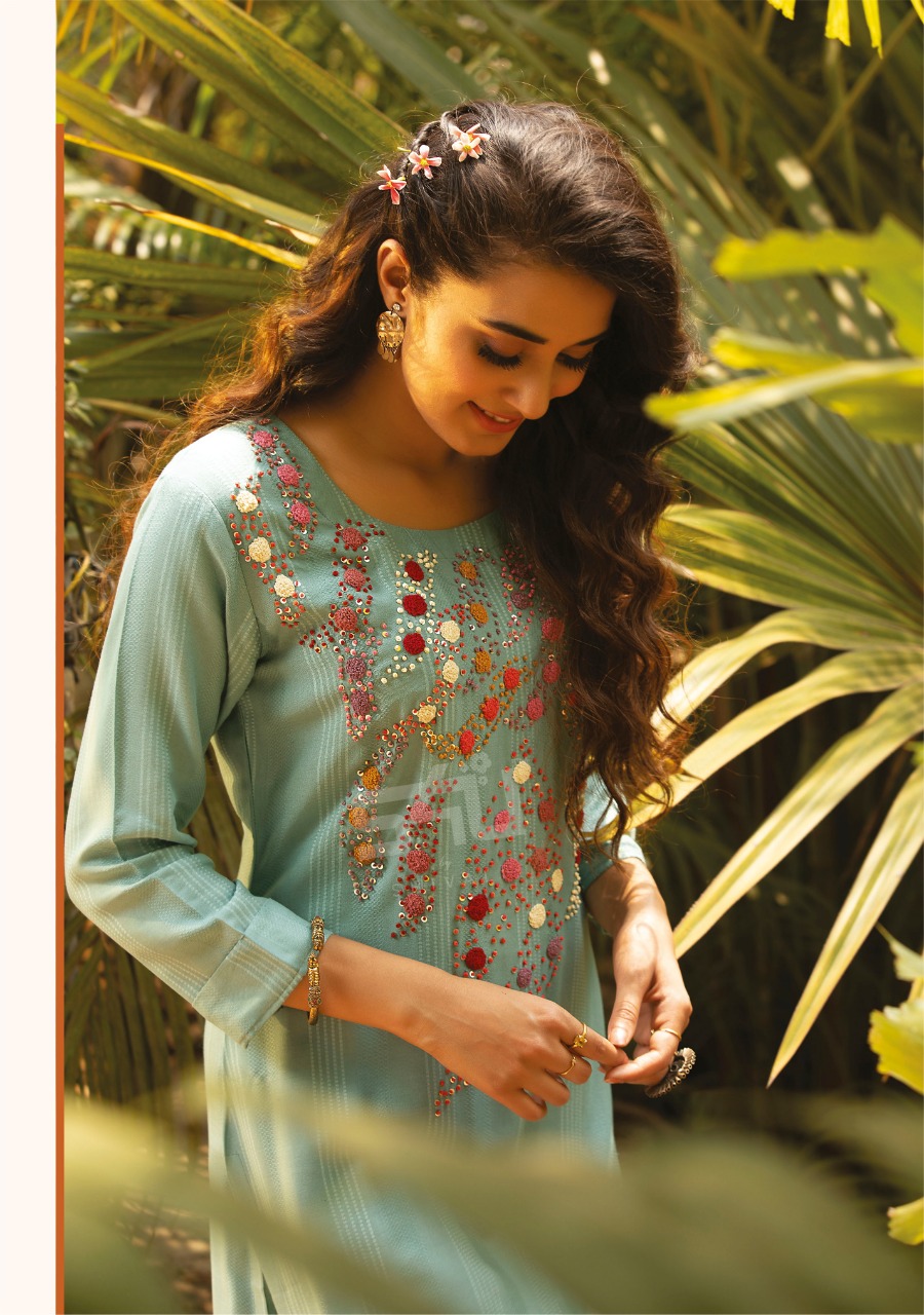 s4u knotty tales rayon stylish look  French knot work kurti catalog