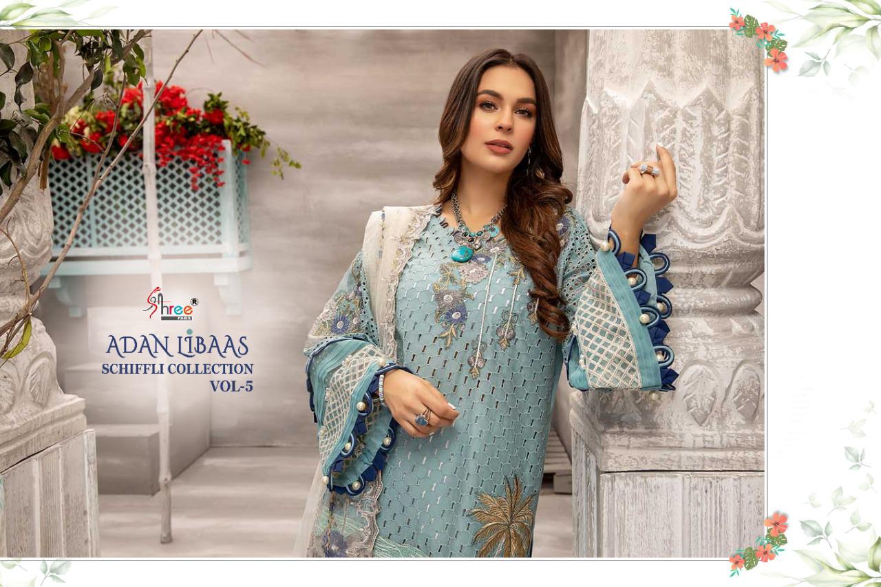 shree fab adan libaas schiffli collection vol 5 pure lawn cotton authentic fabrics salwar suit catalog