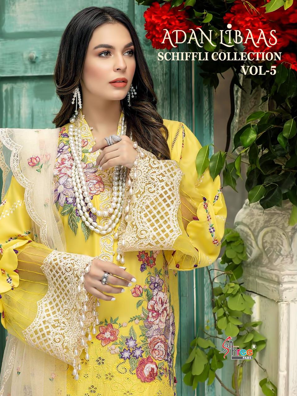 shree fab adan libaas schiffli collection vol 5 pure lawn cotton authentic fabrics salwar suit catalog