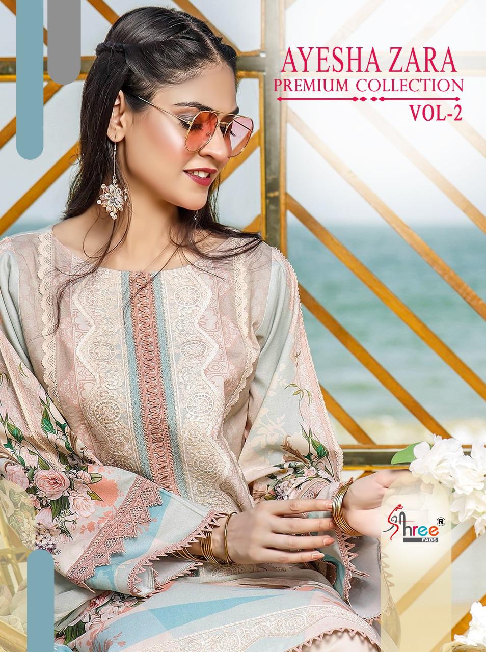 shree fab ayesha zara premium collection vol 2 pure cotton regal look salwar suit with silver siffon dupatta catalog